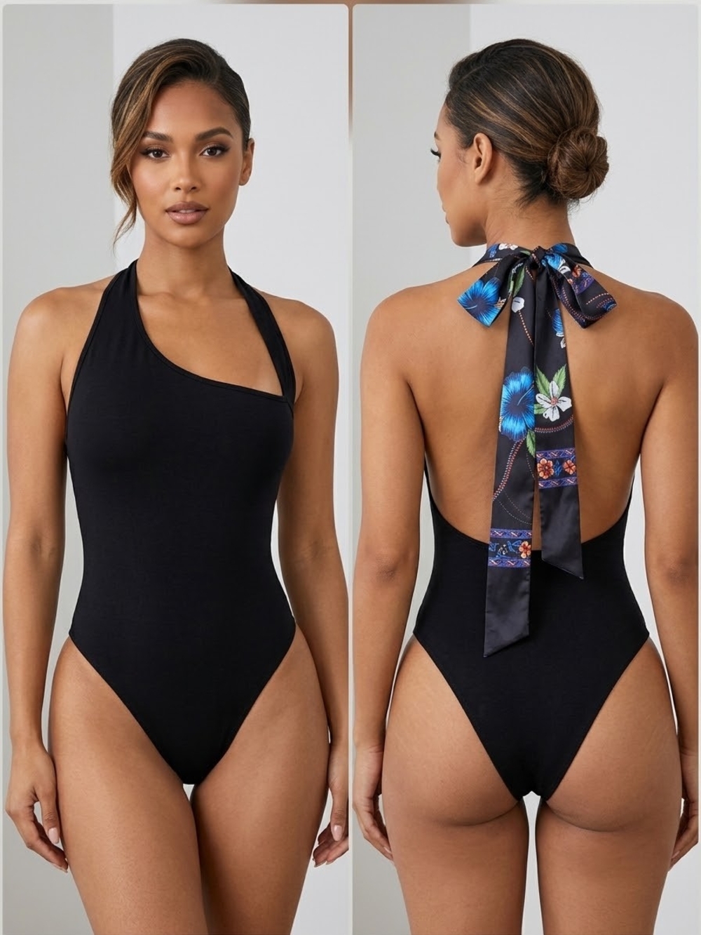 Lulu's Black One-Shoulder Swimsuit with Floral Tie-Back